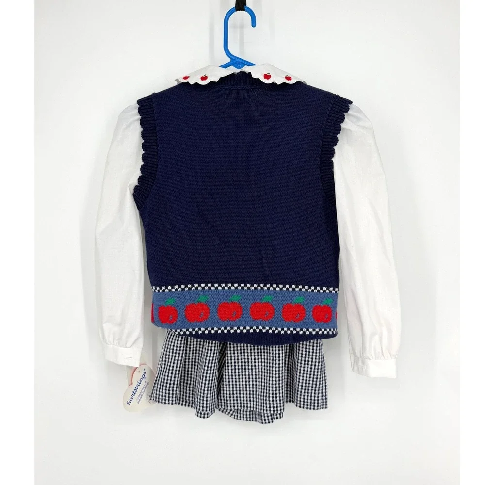 NEW Vtg Hartstrings Girl Navy Apple Knit Vest Blouse Gingham Skirt 3 Pc Set Sz 8